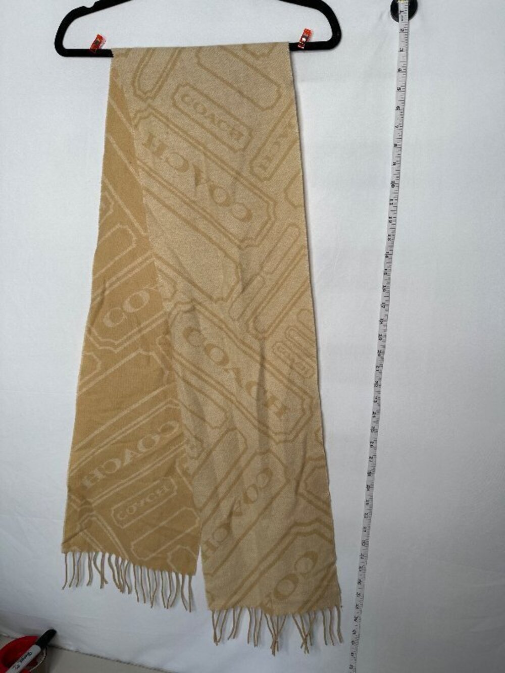 Coach Wool Cashmere Blend Signature Logo Fringe Scarf Tan Cream Fall Winter